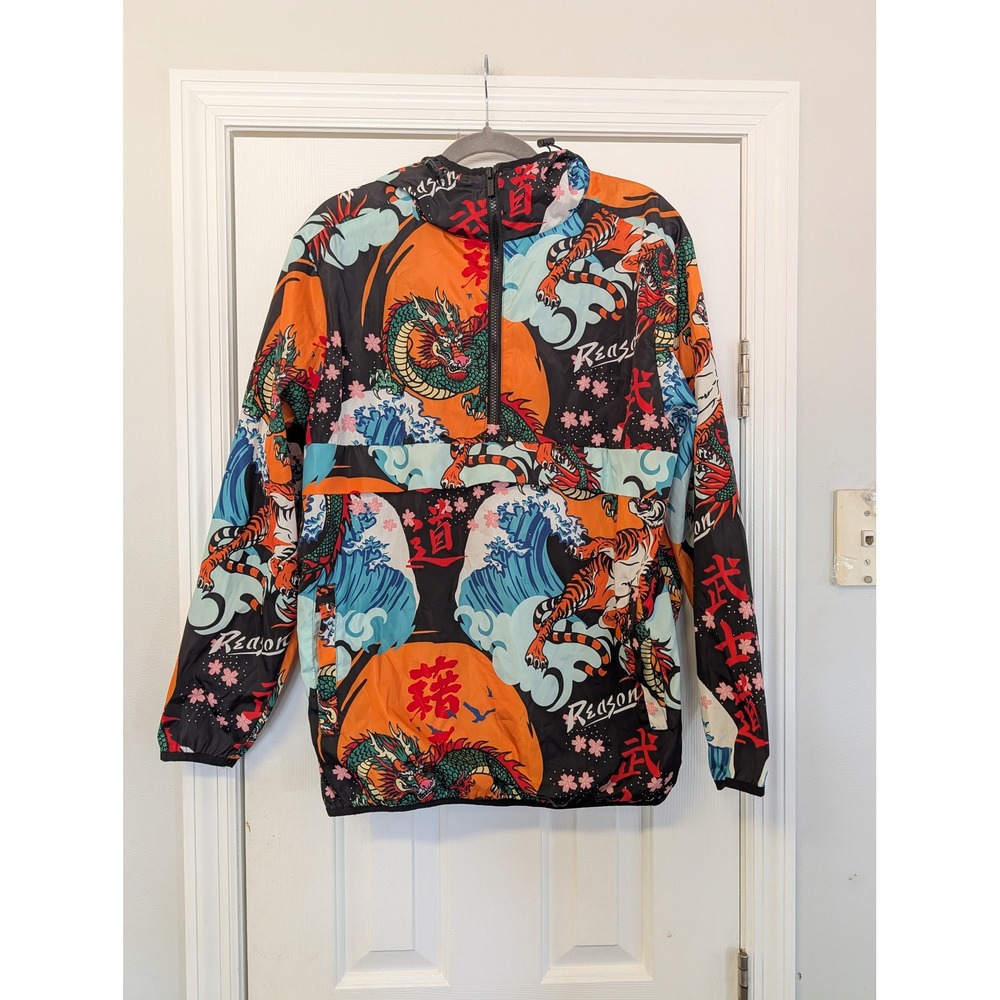 Reason Clothing Mens Japanese Dragon Tiger Wave Half Zip Anorak‎ Jacket Medium
